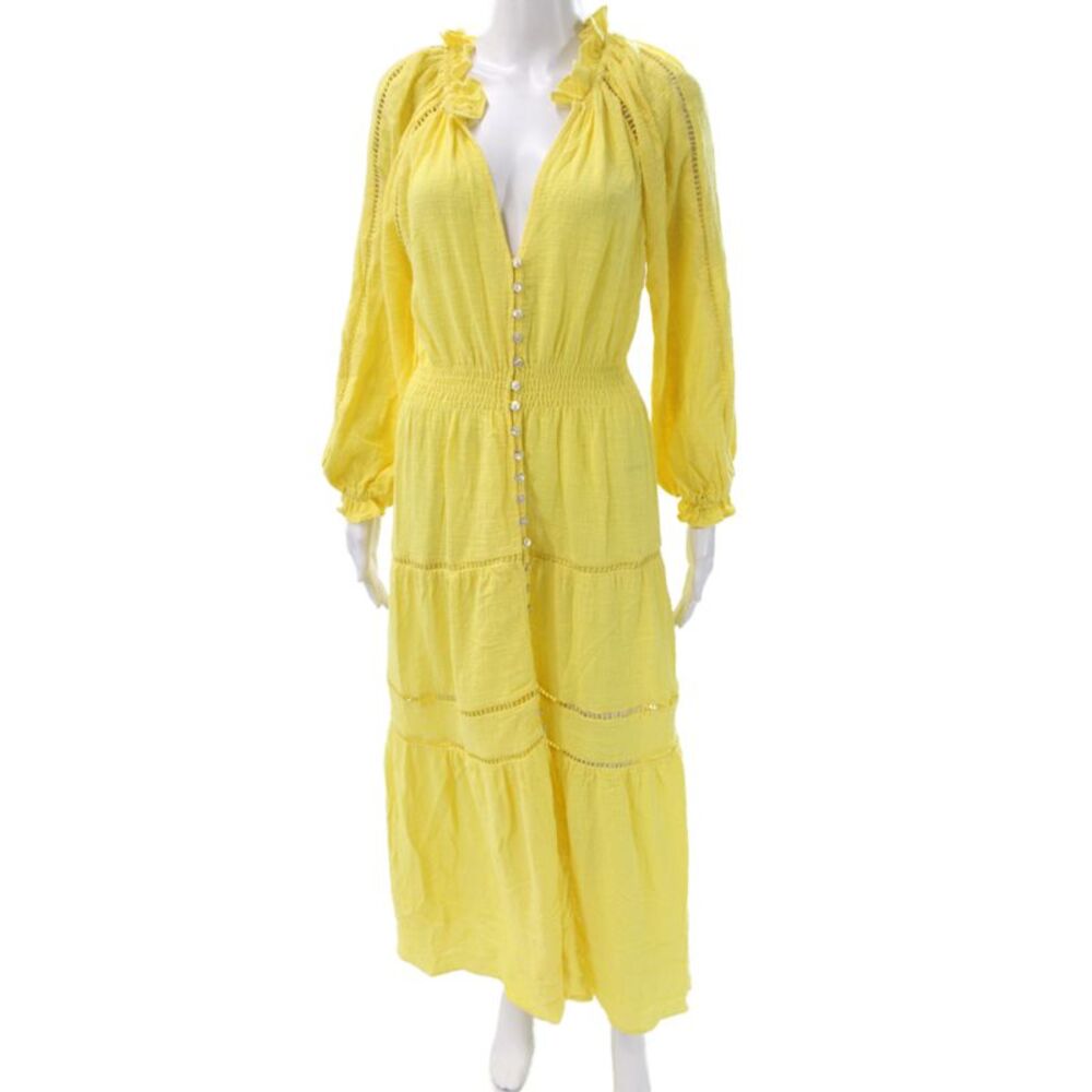 The Westside Womens Maxi Dress Yellow V-Neck Long Sleeve Cotton Size S